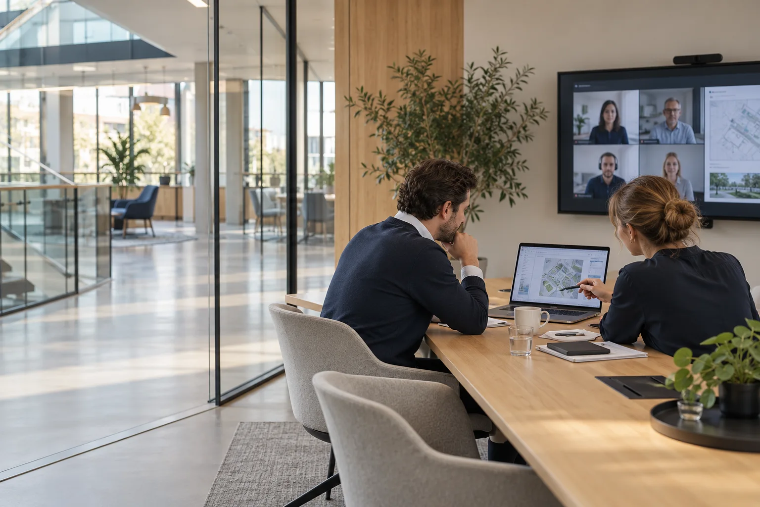 KI-generierte Illustration: Zusammenarbeit mit digitalen Werkzeugen im Büro.